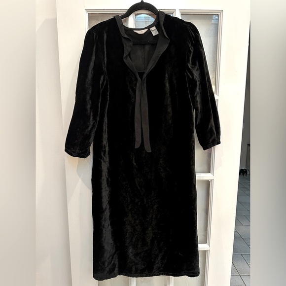 J. Jill Black Velvet Tie Neck Knee Length 3/4 Sleeve Midi Dress Size Medium Tall - Picture 9 of 11